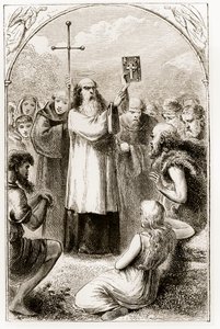 St. Patrick Showing the People of Ireland the Four Gospels, from The Trias Thaumaturga, or Three Wonder-Working Saints of Ireland, by Mary Cusack (1829-99) Published c.1890s by Irish School