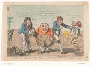 Satirical Print on the Capitulation of the Batavian Fleet in Saldanha Bay, 1796 (A Peep into Saldanha Bay or Dutch Perfidy Rewarded) by Isaac Cruikshank