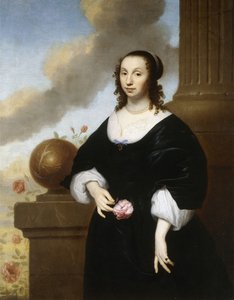 Portrait of a Lady, standing three-quarter length, wearing a Black Satin Dress with White Lace Trim by Isaac Luttichuys