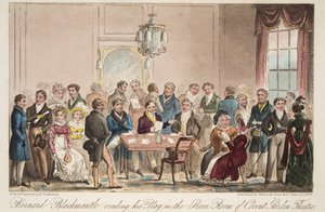 Bernard Blackmantle reading his play in the Green Room of Covent Garden Theatre, from The English Spy by Isaac Robert Cruikshank