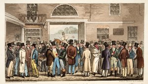Monday after the Great St Leger, or Heroes of the Turf Paying and Receiving at Tattersalls, from The English Spy by Isaac Robert Cruikshank