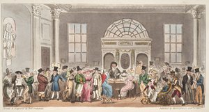 Well known visitors to the Pump Room, Bath, taking a sip with King Bladud, from The English Spy by Isaac Robert Cruikshank