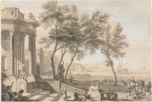Fantastic Harbor Scene with Architecture and Figures by Isaac de Moucheron