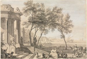 Fantastic Harbor Scene with Architecture and Figures, 1713 by Isaac de Moucheron