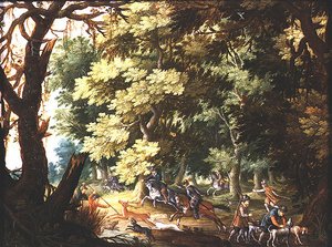 A Wooded Landscape with Hunters and Hounds by Isaak van Oosten