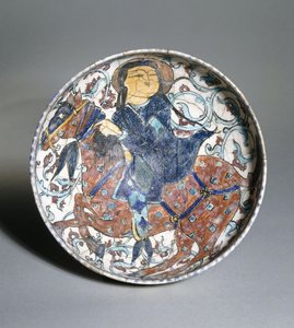Minai Bowl Depicting a Mounted Horseman Surrounded by a Floral Design