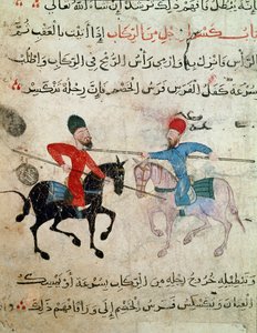 Islamic Art: Drawing on parchment from the period of Fatimid - Scene of duel between two horsemen - Painting on papyrus - Cairo, Museum of Islamic Art
