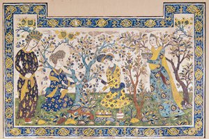 Mural Panel of Figures Relaxing in a Garden, from the Tchehel Sutun or Pavilion of Forty Columns Built by Shah Abbas II (1642-66), Persian, from Isfahan, Iran by Islamic School