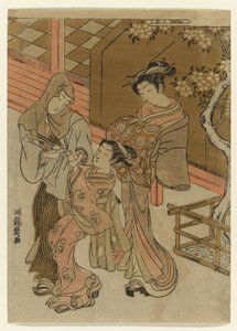 Courtesan Watching her Attendant Detain Hooded Man by Isoda Koryusai