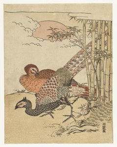 Pair of Pheasants by Bamboo and Rising Sun by Isoda Koryusai
