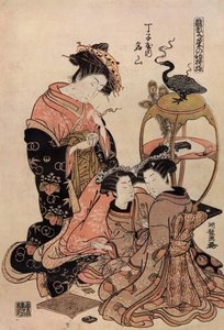 Japanese Courtesan in Kimono Having a Cup of Tea by Isoda Koryusai