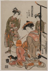 The Courtesan Karahama of Yamashiroya Performing the Tea Ceremony (from the series Models for Fashions: New Designs as Fresh as Young Leaves) by Isoda Koryusai