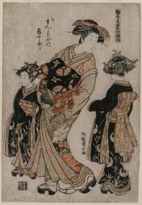 The Courtesan Kichijuro of Kage Manjiya with Two Kamuro (from the series Models for Fashions: New Designs as Fresh as Young Leaves)