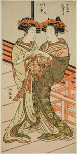 The Courtesans Hinazuru and Karauta of the Chojiya Holding a Letter by Isoda Koryusai