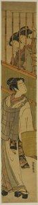 Two Young Women Looking Out at Young Man Dressed as Komuso by Isoda Koryusai