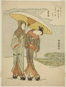 Young Couple Under an Umbrella in the Snow by Isoda Koryusai