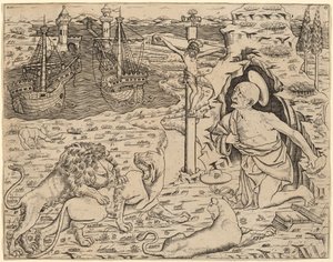 Saint Jerome in Penitence, with Two Ships in a Harbor by Italian 15th Century