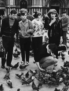 Tourists Feeding Pigeons, Piazza San Marco, Venice, c.1970