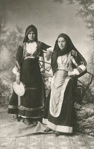 Two women wearing traditional clothes from Belvi and Aritzo, Sardinia, Italy, circa 1910 by Italian Photographer