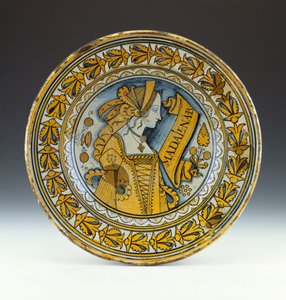 A Deruta Blue and Gold Lustred Portrait Dish Depicting a Young Woman in Profile, c.1525 by Italian School