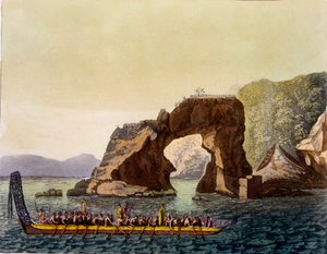 A Maori fortified look out point in New Zealand, combined with Maori War Canoe, 1820s-30s by Italian School
