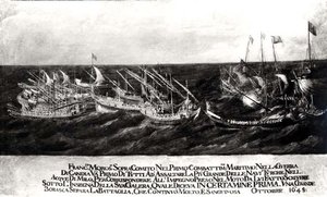 A Sea Battle between the Venetian Fleet under General Francesco Morosini against the Turks off the Coast of Crete, October 1645 by Italian School