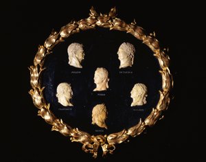 A Set of Six Italian Siena Marble Relief Profile Busts of Roman Emperors, Incised with the Names Octavius, Galbin, Titus, Claudius, Julius and Nero