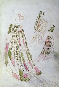 A woman and two men wearing long coats, c.1450