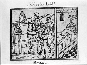 A woman meets two horsemen, and has a couple in a room. Illustration for the story 53 (Story 3 of the 6th day) of the 