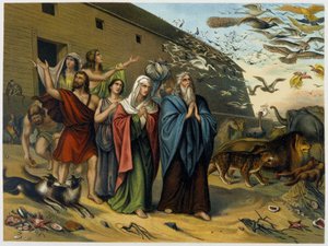 After the flood, Noah, his family and animals come out of the ark - in “Aurea Bibbia classica: storia della rivelazione divina nell