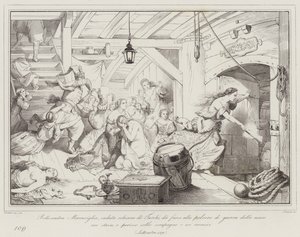 Bellisandra Maraviglia, Fallen Slave of the Turks, Sets Fire to the Gunpowder on the Ship (engraving)