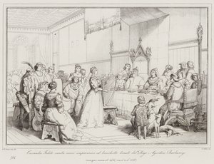 Cassandra Fedele Sings Improvised Verses at the Banquet Held by Doge Agostino Barbarigo (engraving)