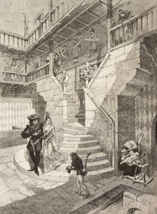 Castle Courtyard, Medieval Village in Turin, Italy, Engraving by Bonamore