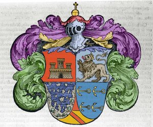Coat of Arms of Navigator Christopher Columbus: Engraving from the Book Navigationi and Viaggi by Italian School