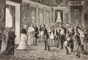 Crown prince of Germany (future Frederick III) being received by Pope Leo XIII in Throne room, Vatican, engraving from drawing by Ximenes from sketch by Dal Don