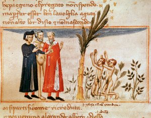 Dante and Virgil meet Forese de Donati with the gluttonous (song 23 from Purgatory, in the Divine Comedy) (miniature)