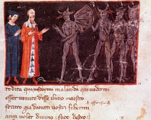 Dante and Virgil speak with Malacoda, leader of the Malebranche squadrons (song 21 from Hell, in the Divine Comedy) (miniature)