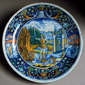 David triumphant over Goliath, Ceramic plate, Faenza, Italy
