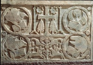 Detail of Stucco with Symbols of the Four Evangelists: the Angel for Saint Matthew, the Lion for Saint Mark, the Bull for Saint Luke, and the Eagle for Saint John. 730-740 Cividale, Battistero di San Callisto by Italian School