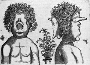Different types of human monsters: face and face of monster head. Engraving from “De monstrorum natura, causis et differentiis” by Fortunio Liceti (1577-1656), Italian scientist. 1646