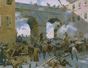 Events from 18th to 22nd March 1848, Milanese chasing out Austrians, illustration from an album on the history of Risorgimento made for the chocolate Talmone