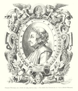 Francesco Petrarch, born in Arezzo in 1304, died in 1374, Fac-simile of a 16th Century Portrait, British Museum (engraving)