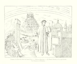 Fresco at the Porta dei Servi of Santa Croce, Allegorical Painting, Dante, Florence and the Seven Circles, By Domenico di Michelino (engraving)