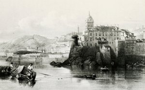 Genoa marina wall with Villa Doria Pamphili in background, engraving, Italy by Italian School