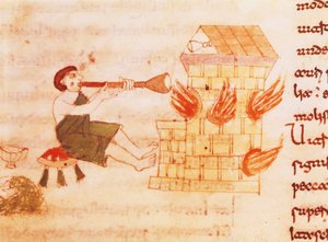 Glassblowers, miniature from "De universo" by Rabano Mauro, manuscript, Italy 11th Century by Italian School