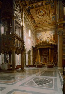 Gothic art: view of the papal altar above the Tabernacle made by Giovanni di Stefano around 1367 adorns twelve panels decorated with frescoes by Barna da Siena. 1367-1368. Basilica of St. John of Laterano