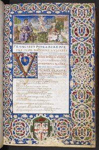 Miniature of Petrarch and Laura, with Love aiming his arrow at Laura, from 