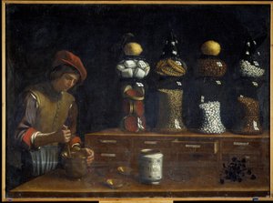 Herbalist in His Workshop in the 17th Century by Italian School