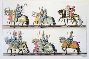 Holy Roman Empire: Participants in a tournament at the Castle of Luxembourg in the time of Maximilian I, from Costumi dei Romani, Svizzeri.. c.1800-18 by Italian School