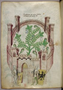 Illustration of the balsam garden of Cairo, with seven pools of water and jars to catch the balsam, a plant in the centre, with two knights in armour flanking the gate, c.1440 by Italian School